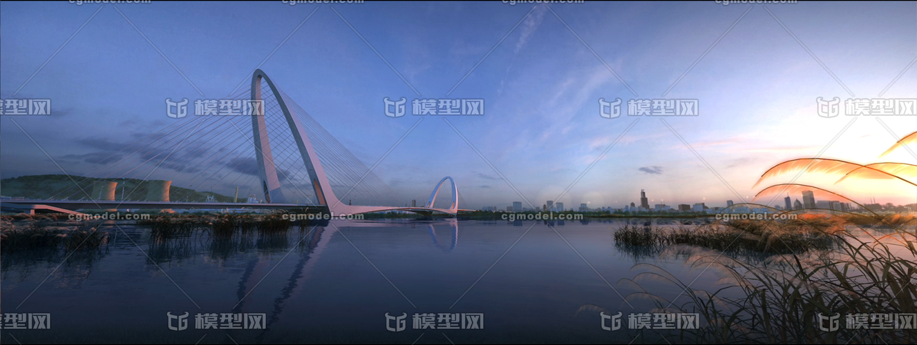 大橋,橋梁,蘆葦,野外,水面,_八部龍神火作品_場景現代場景_cg模型網